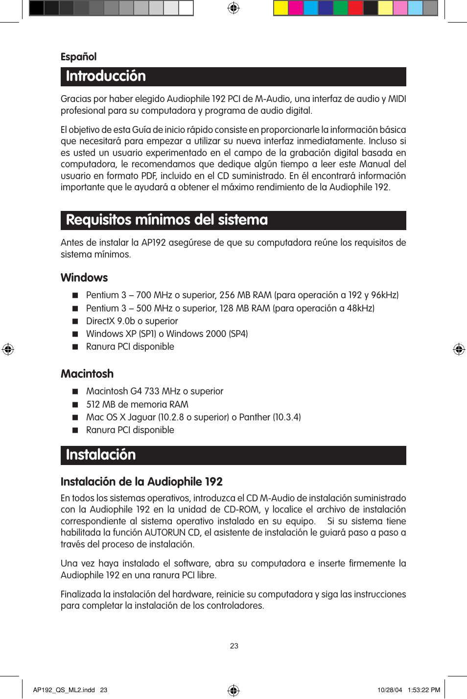 Introducción, Requisitos mínimos del sistema, Instalación | M-AUDIO 192s User Manual | Page 23 / 40