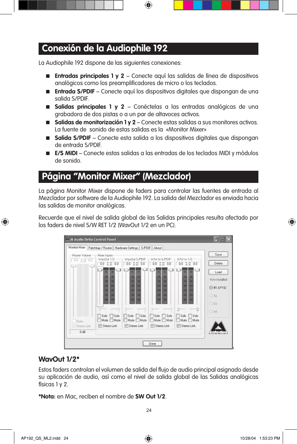 Conexión de la audiophile 192, Página “monitor mixer” (mezclador), Wavout 1/2 | M-AUDIO 192s User Manual | Page 24 / 40