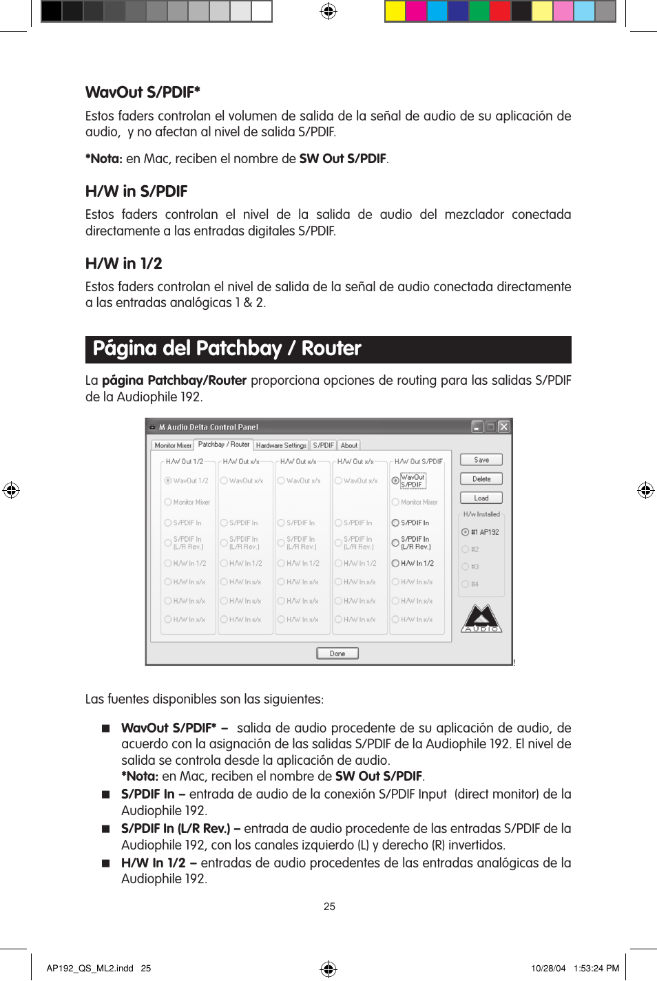 Página del patchbay / router, Wavout s/pdif, H/w in s/pdif | H/w in 1/2 | M-AUDIO 192s User Manual | Page 25 / 40