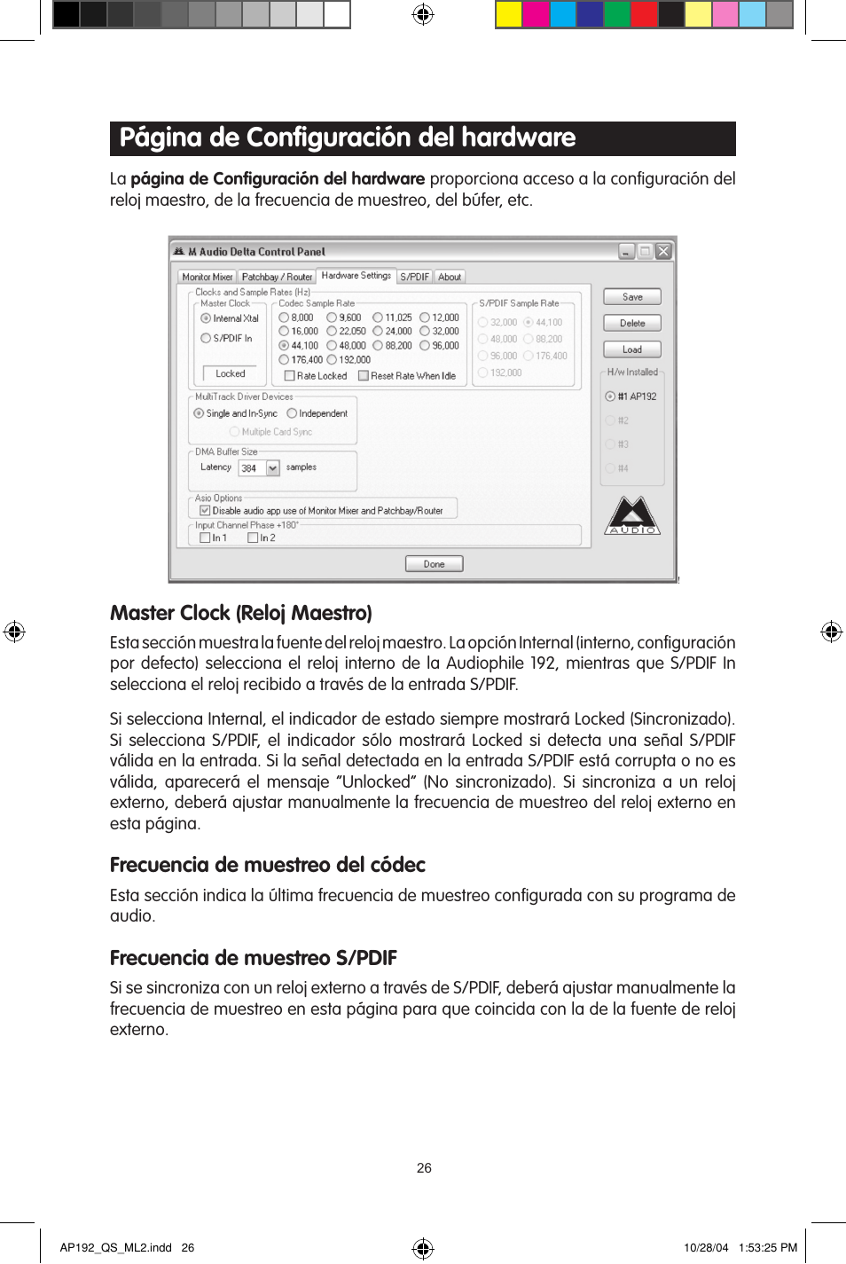 Página de conﬁguración del hardware, Master clock (reloj maestro), Frecuencia de muestreo del códec | Frecuencia de muestreo s/pdif | M-AUDIO 192s User Manual | Page 26 / 40