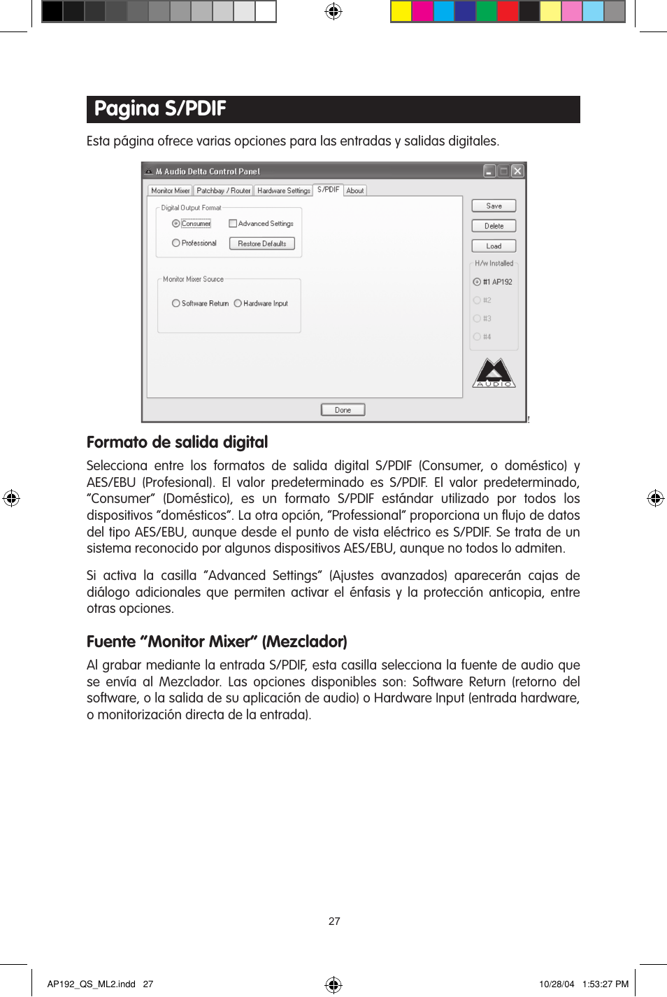 Pagina s/pdif, Formato de salida digital, Fuente “monitor mixer” (mezclador) | M-AUDIO 192s User Manual | Page 27 / 40