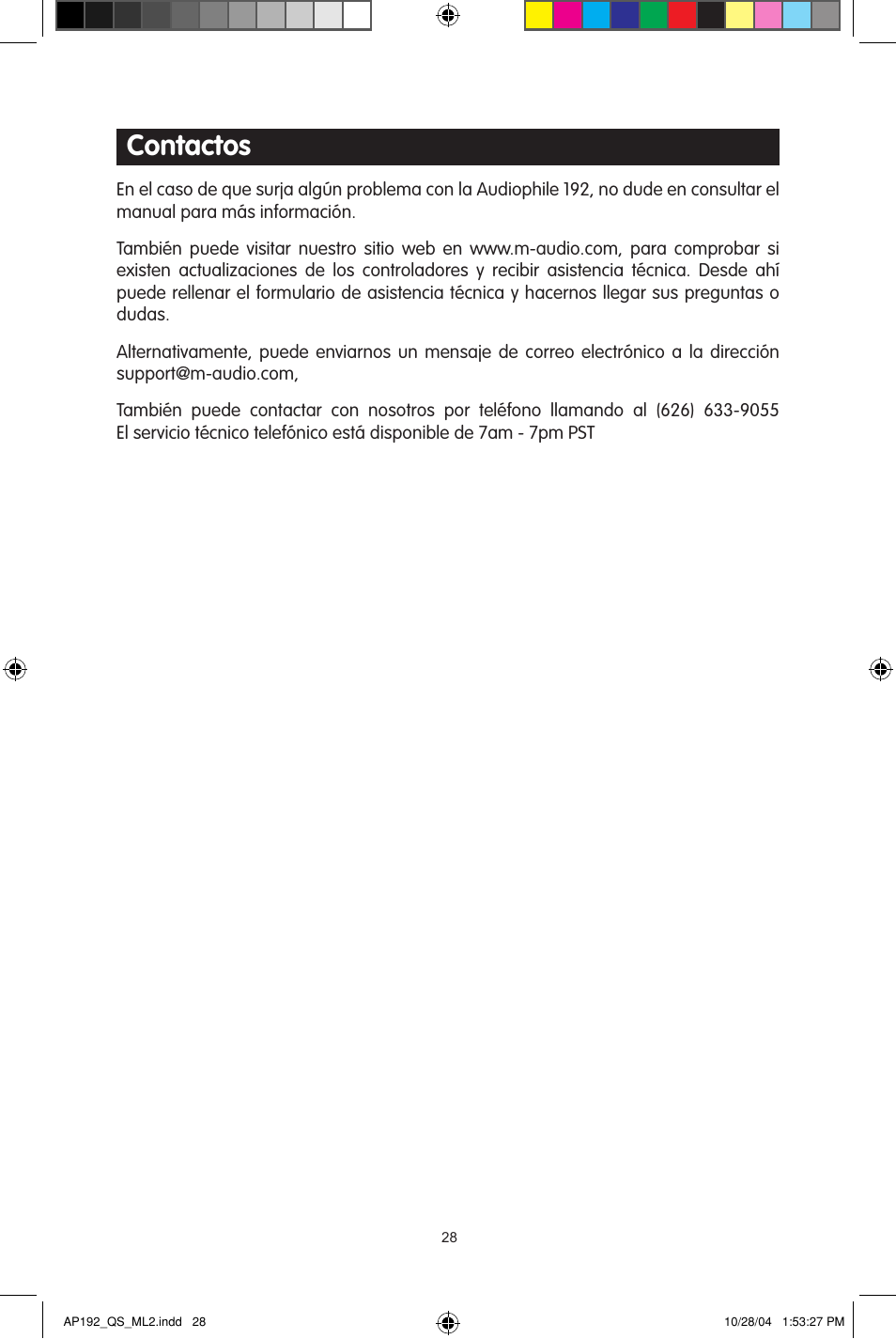 Contactos | M-AUDIO 192s User Manual | Page 28 / 40