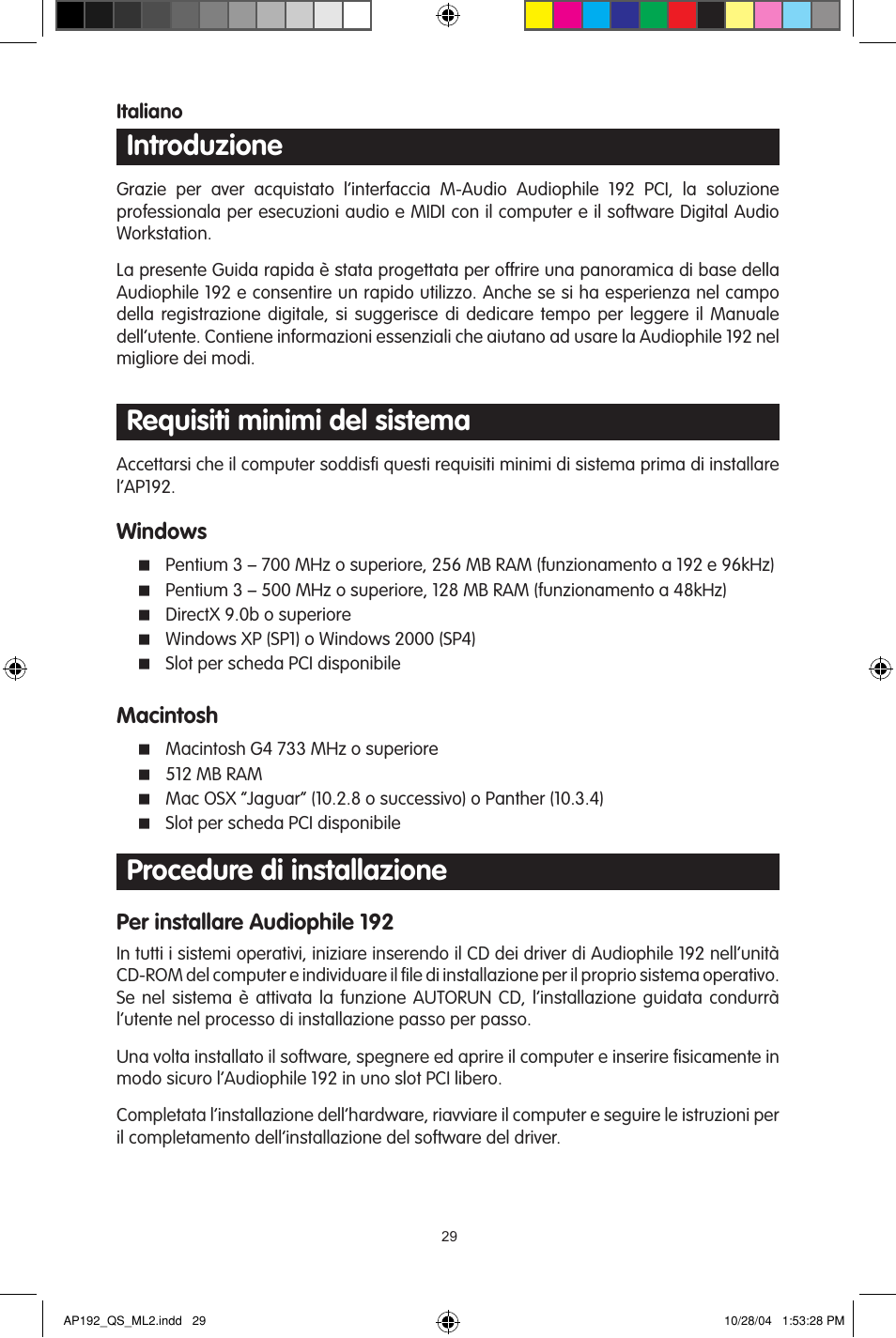 Introduzione, Requisiti minimi del sistema, Procedure di installazione | M-AUDIO 192s User Manual | Page 29 / 40