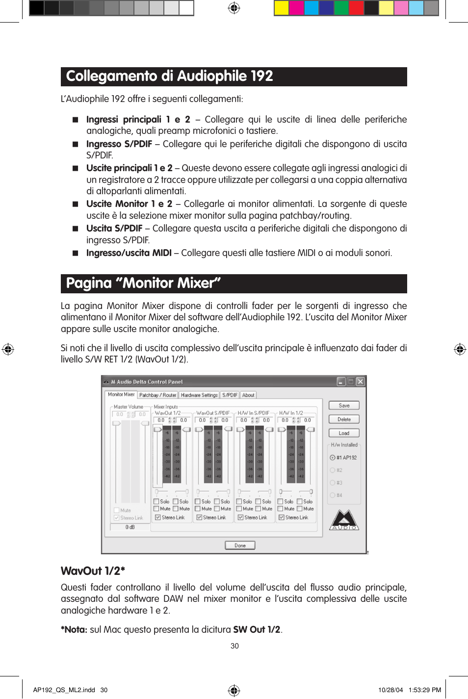 Collegamento di audiophile 192, Pagina “monitor mixer, Wavout 1/2 | M-AUDIO 192s User Manual | Page 30 / 40