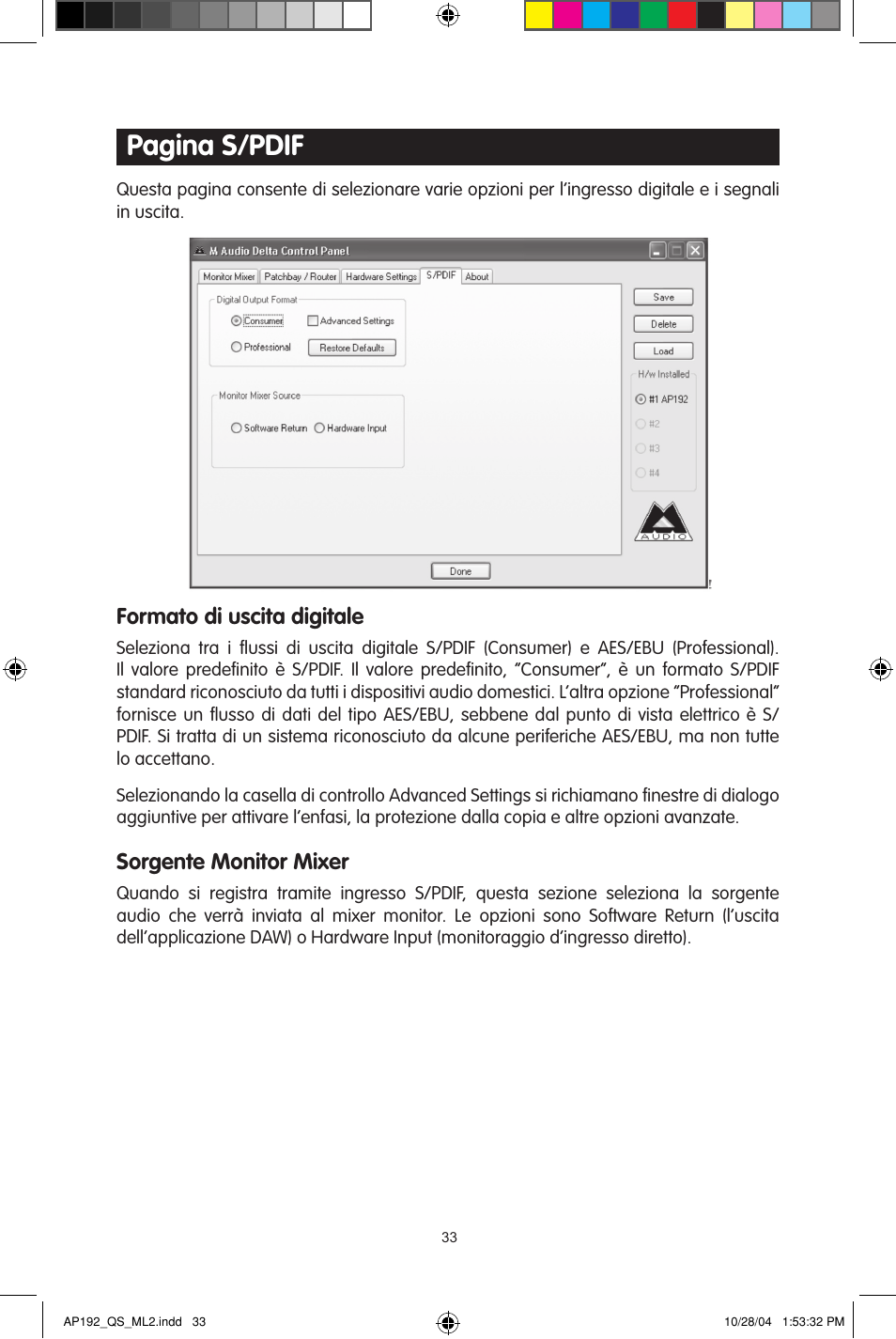 Pagina s/pdif, Formato di uscita digitale, Sorgente monitor mixer | M-AUDIO 192s User Manual | Page 33 / 40