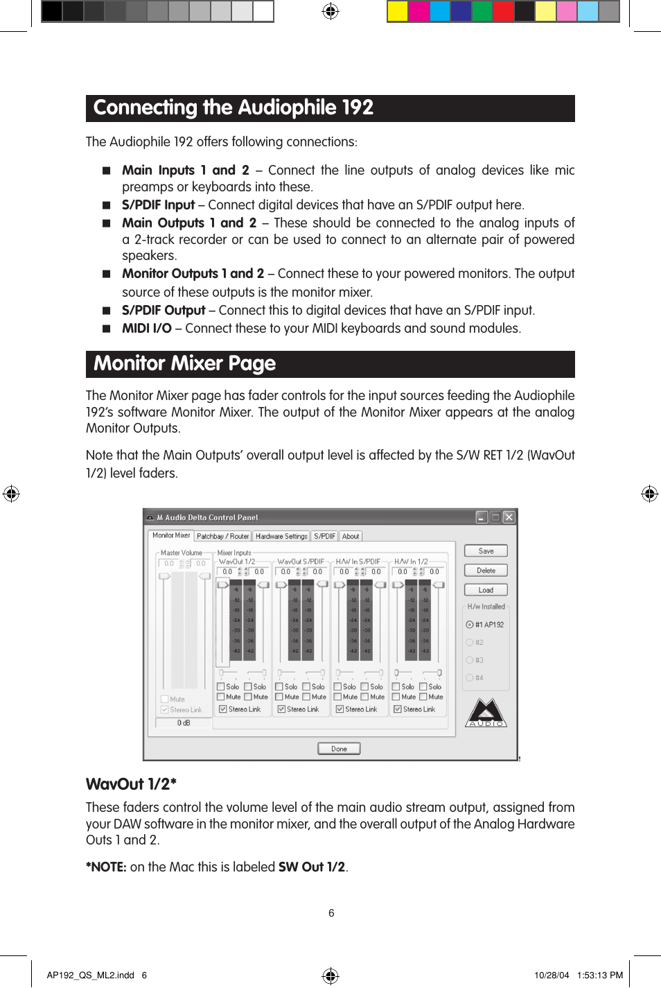 Connecting the audiophile 192, Monitor mixer page, Wavout 1/2 | M-AUDIO 192s User Manual | Page 6 / 40