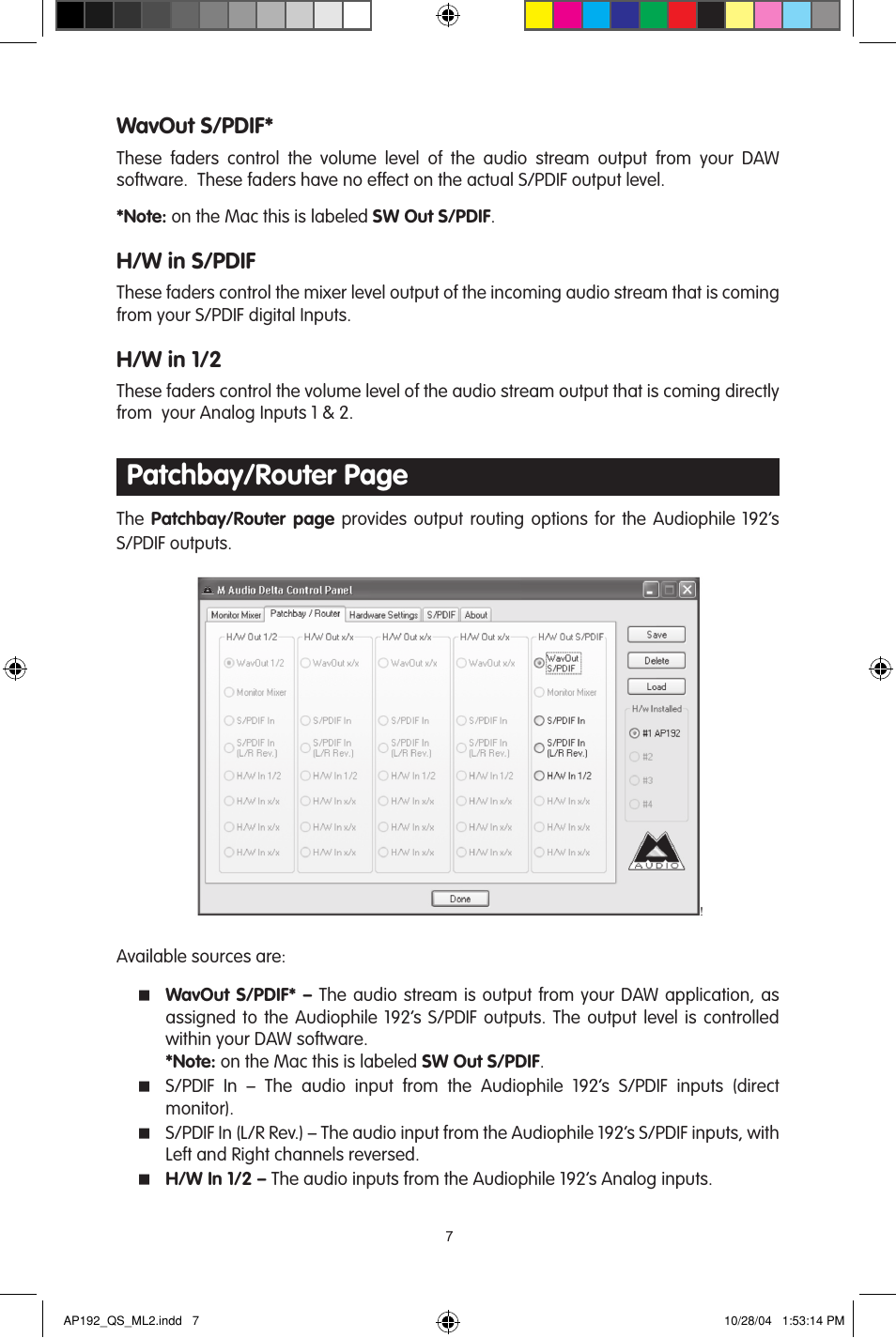 Patchbay/router page, Wavout s/pdif, H/w in s/pdif | H/w in 1/2 | M-AUDIO 192s User Manual | Page 7 / 40