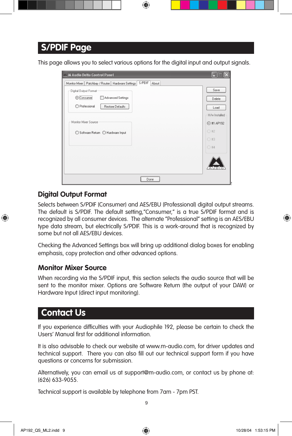 S/pdif page, Contact us | M-AUDIO 192s User Manual | Page 9 / 40