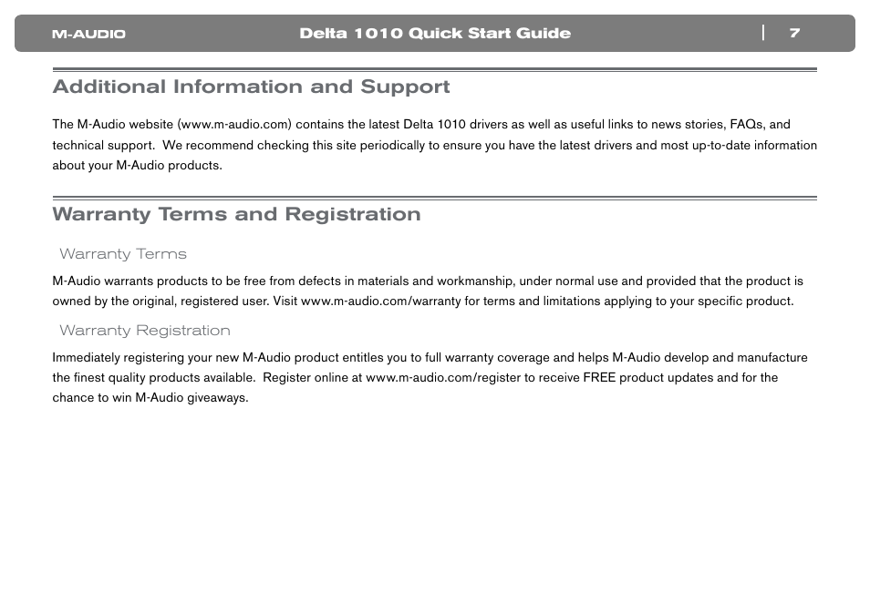 Additional information and support, Warranty terms and registration, Warranty terms | Warranty registration | M-AUDIO DVR User Manual | Page 8 / 10