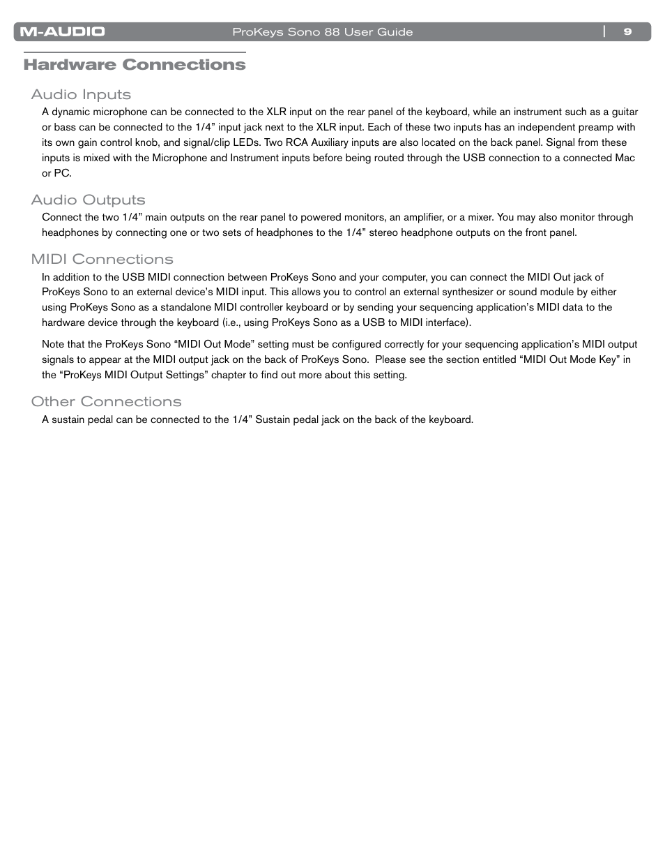 Hardware connections, Audio inputs, Audio outputs | Midi connections, Other connections | M-AUDIO ProKeys Sono 88 User Manual | Page 10 / 50