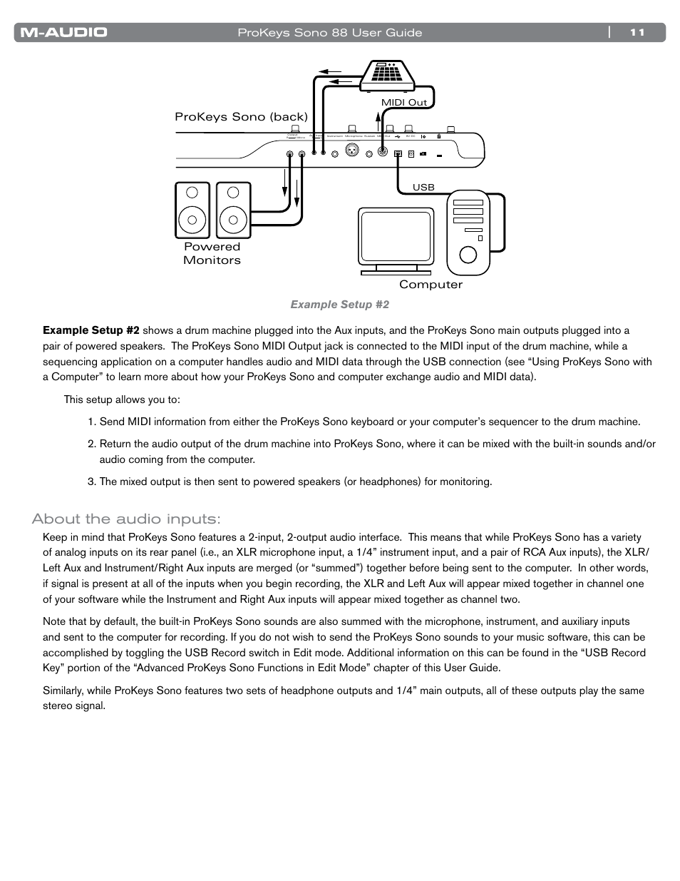 About the audio inputs | M-AUDIO ProKeys Sono 88 User Manual | Page 12 / 50