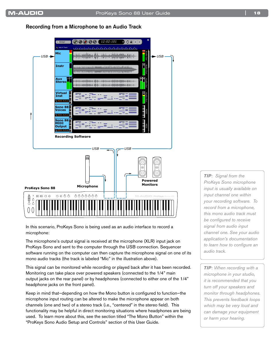 Recording from a microphone to an audio track, Prokeys sono 88 user guide | M-AUDIO ProKeys Sono 88 User Manual | Page 19 / 50