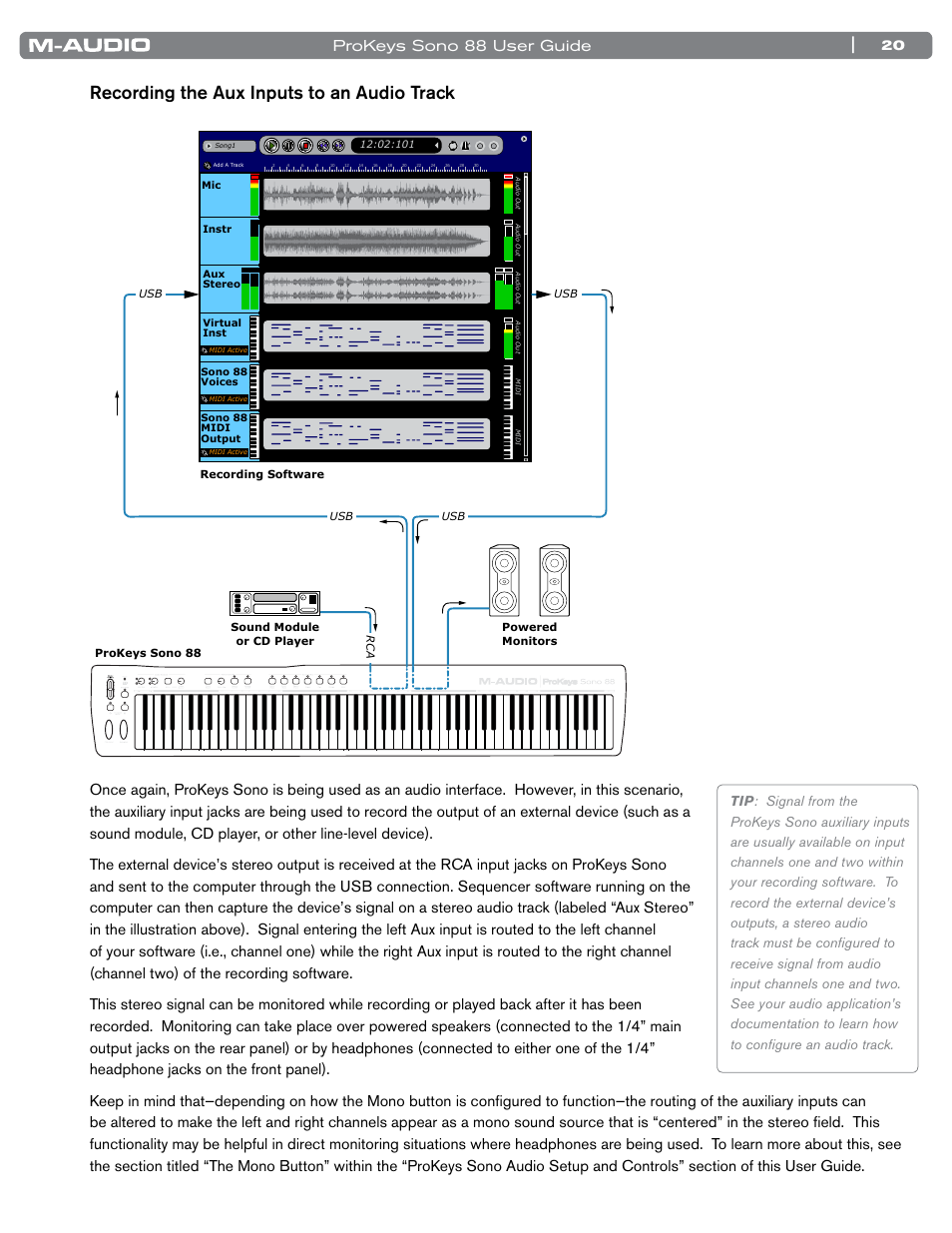 Recording the aux inputs to an audio track, Prokeys sono 88 user guide | M-AUDIO ProKeys Sono 88 User Manual | Page 21 / 50