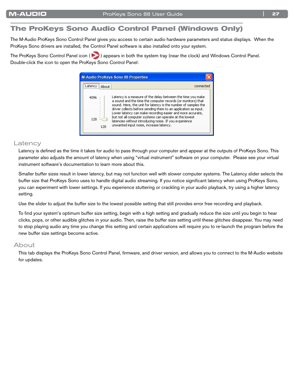 Latency, About, Latency about | M-AUDIO ProKeys Sono 88 User Manual | Page 28 / 50
