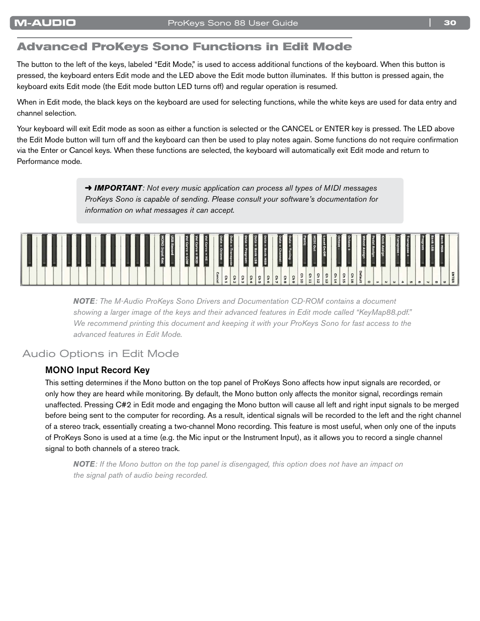 Advanced prokeys sono functions in edit mode, Audio options in edit mode | M-AUDIO ProKeys Sono 88 User Manual | Page 31 / 50