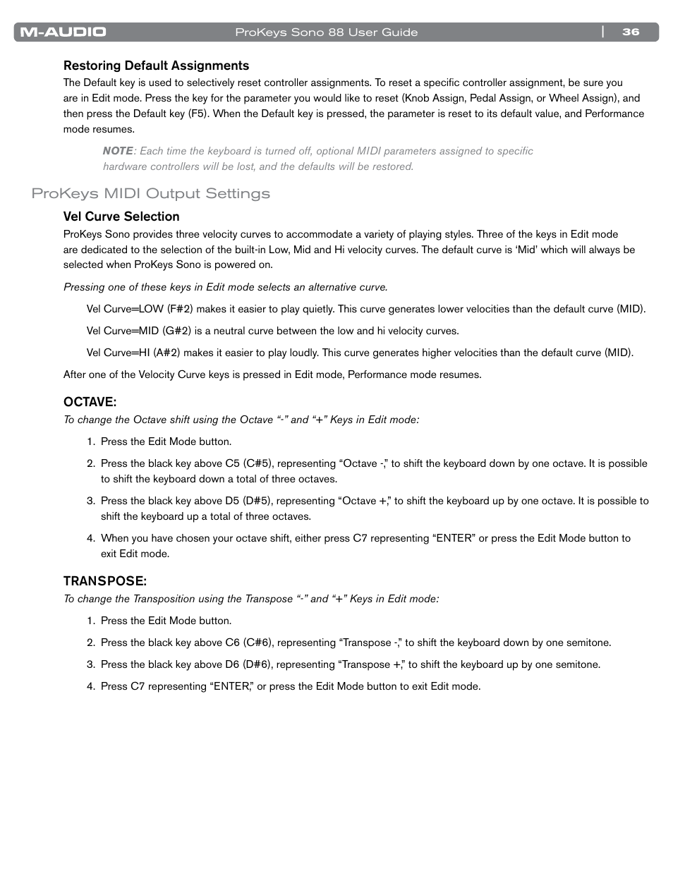 Prokeys midi output settings | M-AUDIO ProKeys Sono 88 User Manual | Page 37 / 50