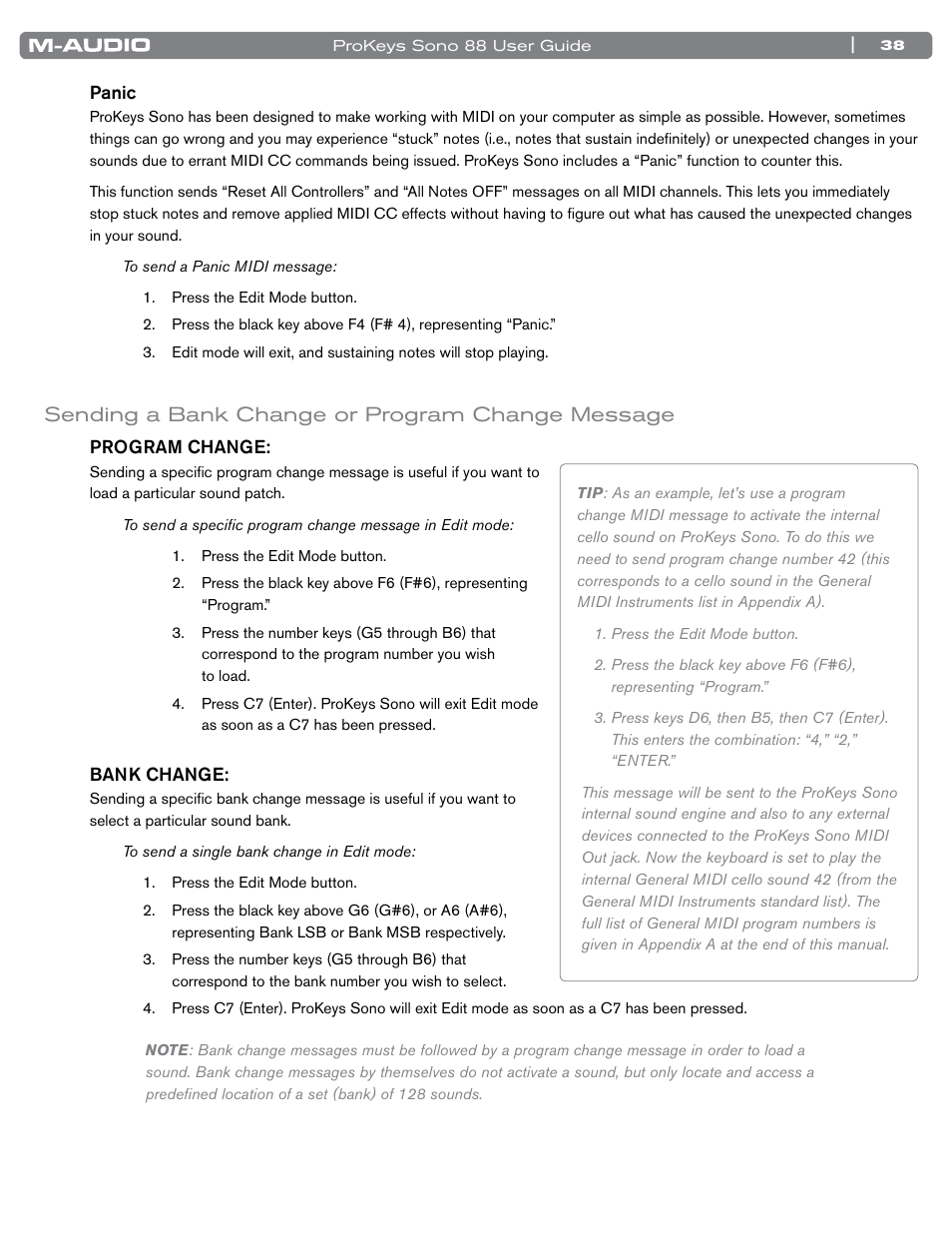 Sending a bank change or program change message | M-AUDIO ProKeys Sono 88 User Manual | Page 39 / 50