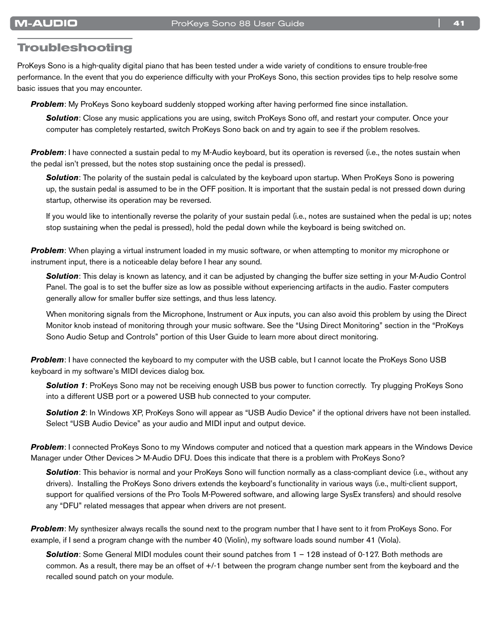 Troubleshooting | M-AUDIO ProKeys Sono 88 User Manual | Page 42 / 50