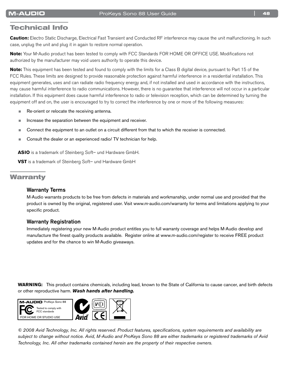 Technical info, Warranty, Warranty terms | Warranty registration | M-AUDIO ProKeys Sono 88 User Manual | Page 49 / 50