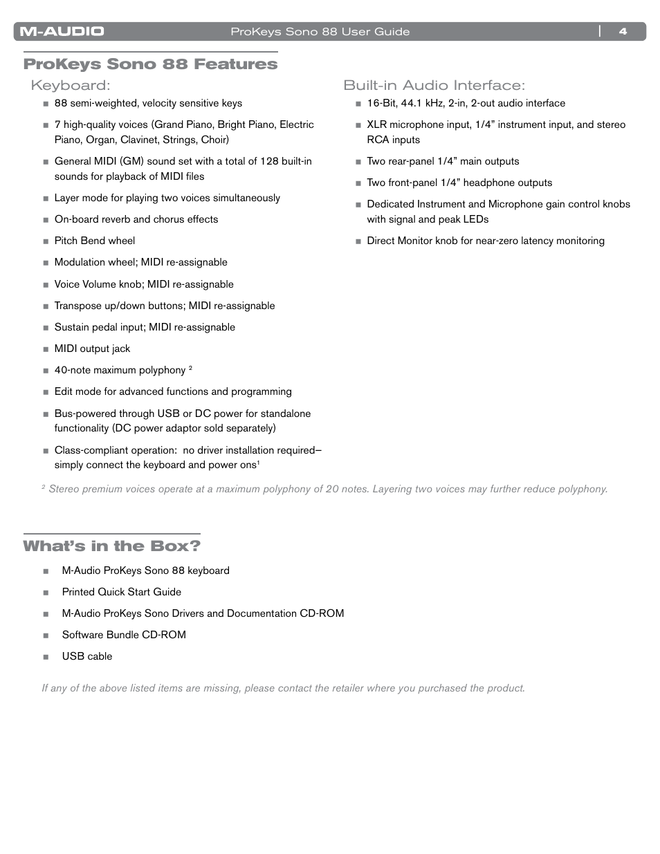 Prokeys sono 88 features, What’s in the box, Keyboard | Built-in audio interface, Keyboard built-in audio interface | M-AUDIO ProKeys Sono 88 User Manual | Page 5 / 50