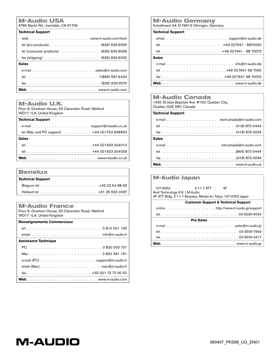 Contact, M-audio usa, M-audio u.k | Benelux, M-audio france, M-audio germany, M-audio canada, M-audio japan | M-AUDIO ProKeys Sono 88 User Manual | Page 50 / 50