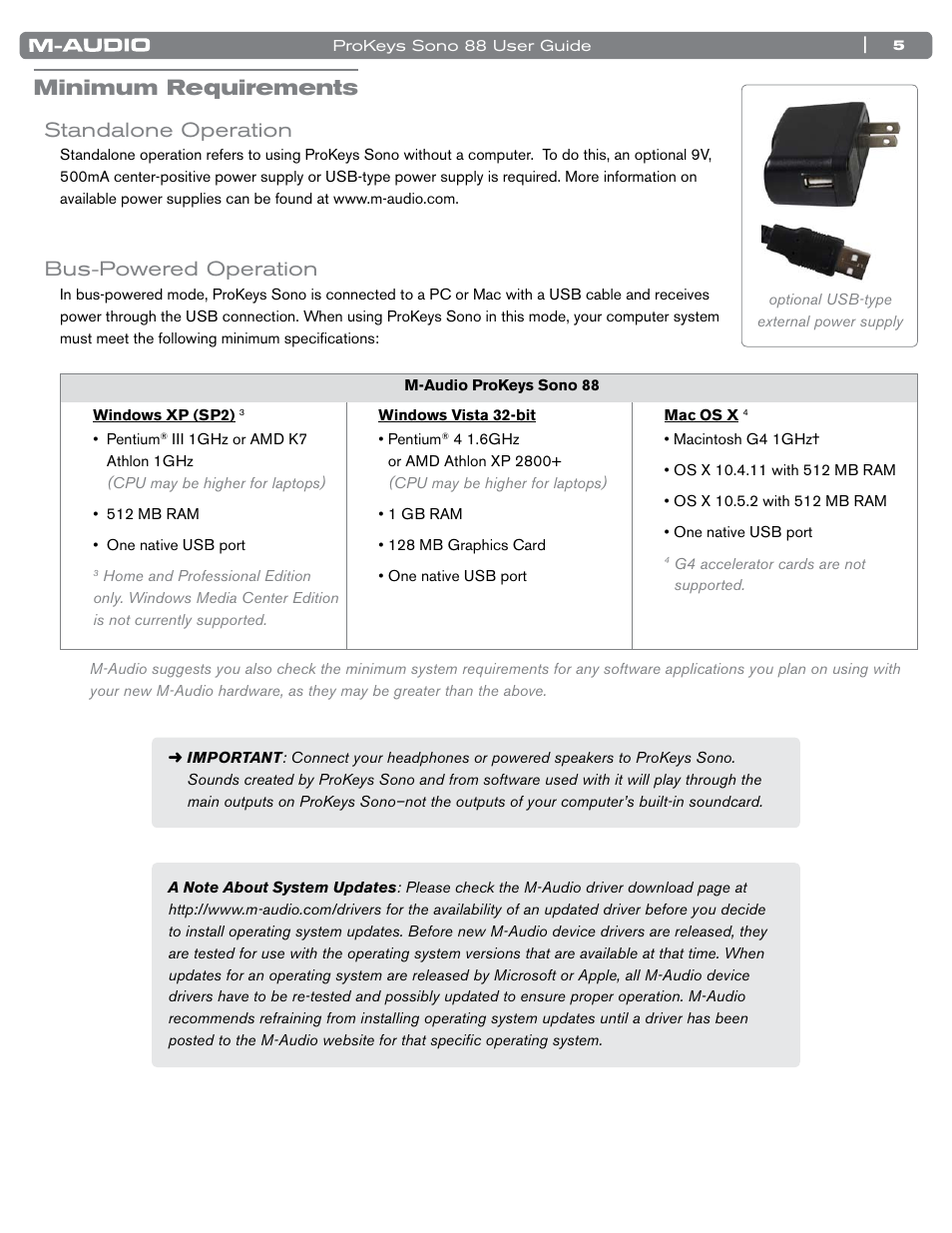 Minimum requirements, Standalone operation, Bus-powered operation | Standalone operation bus-powered operation | M-AUDIO ProKeys Sono 88 User Manual | Page 6 / 50