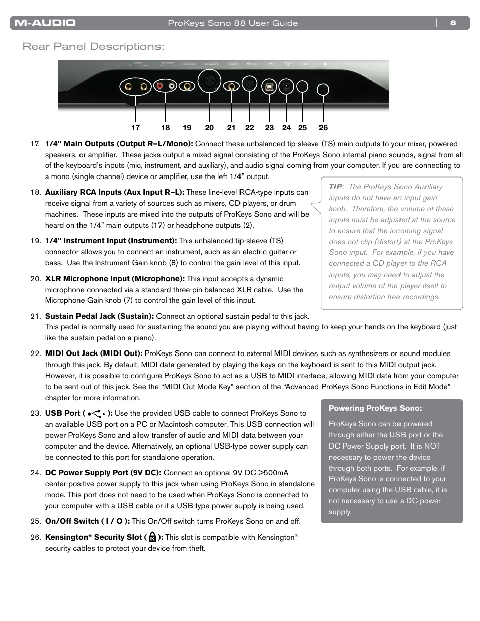 Rear panel descriptions | M-AUDIO ProKeys Sono 88 User Manual | Page 9 / 50