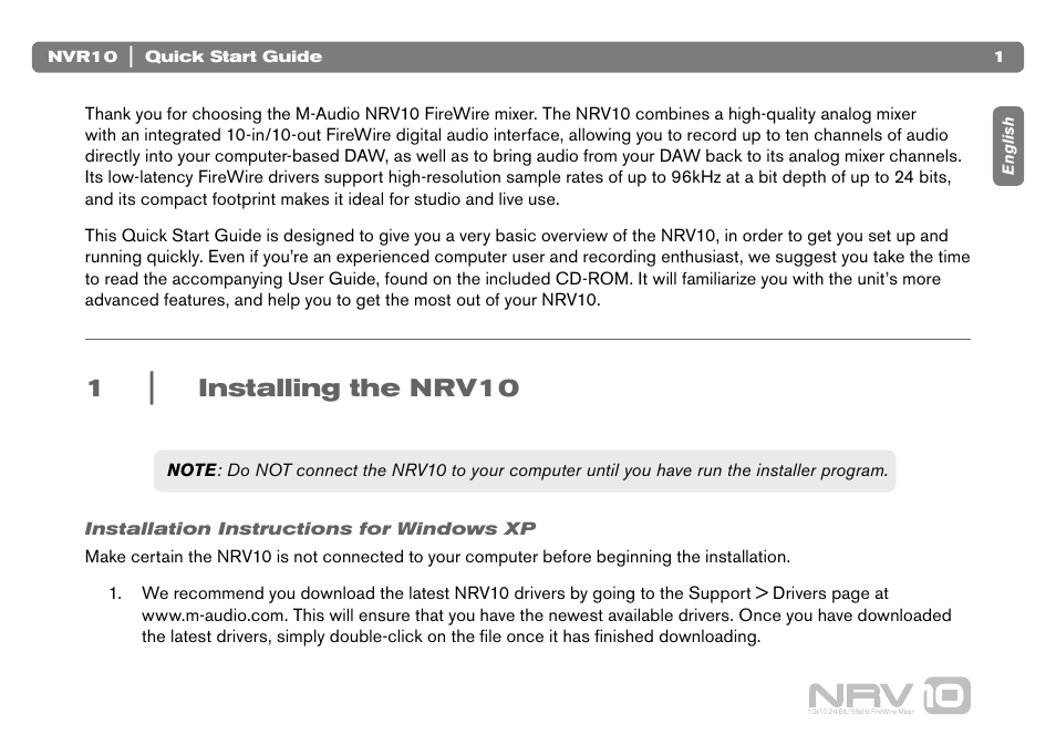 1 | installing the nrv10, Installation instructions for windows xp, Installing the nrv10 | M-AUDIO NVR10 User Manual | Page 2 / 8