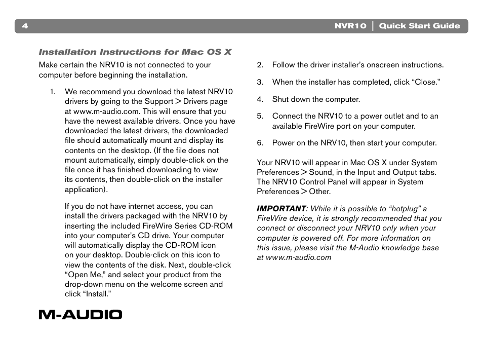 Installation instructions for mac os x | M-AUDIO NVR10 User Manual | Page 5 / 8