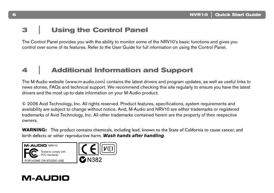 3 | using the control panel, 4 | additional information and support, Using the control panel | Additional information and support | M-AUDIO NVR10 User Manual | Page 7 / 8