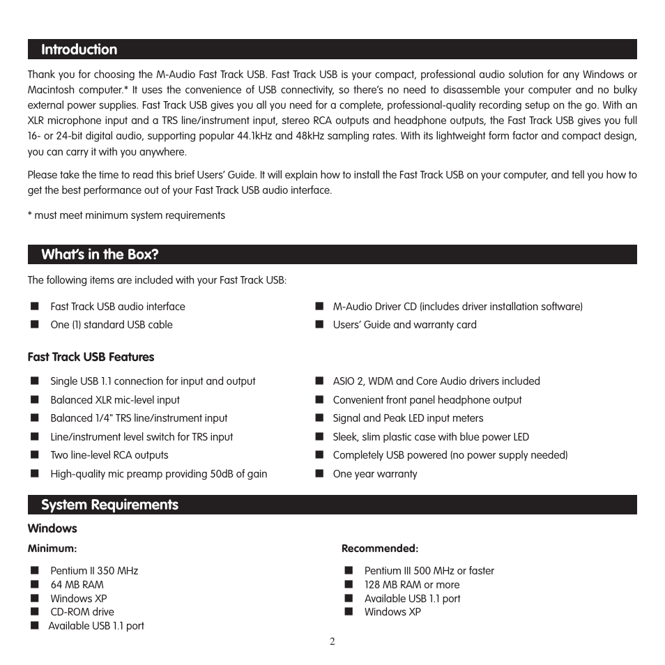 Introduction, What’s in the box, Fast track usb features | System requirements, Windows | M-AUDIO Fast Track USB User Manual | Page 3 / 10