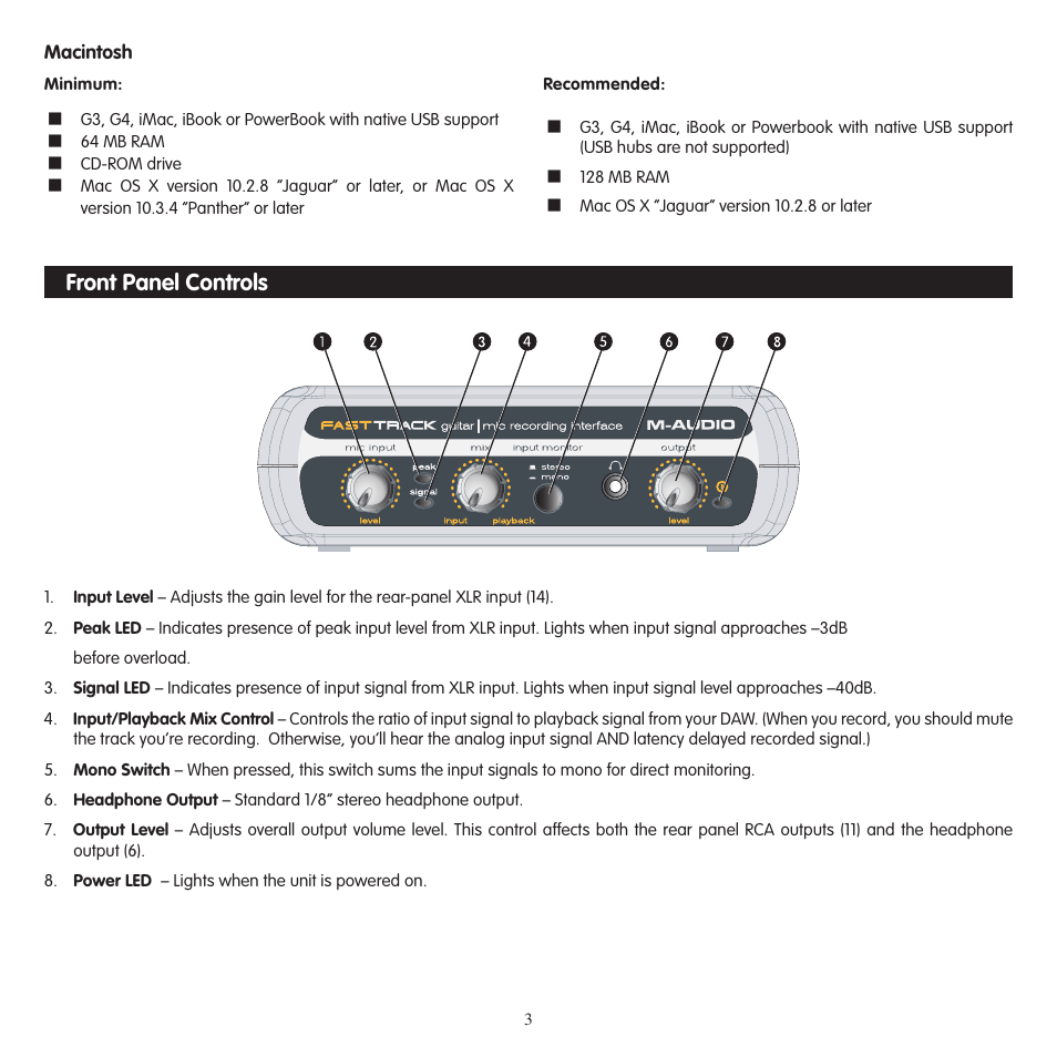 Macintosh, Front panel controls | M-AUDIO Fast Track USB User Manual | Page 4 / 10