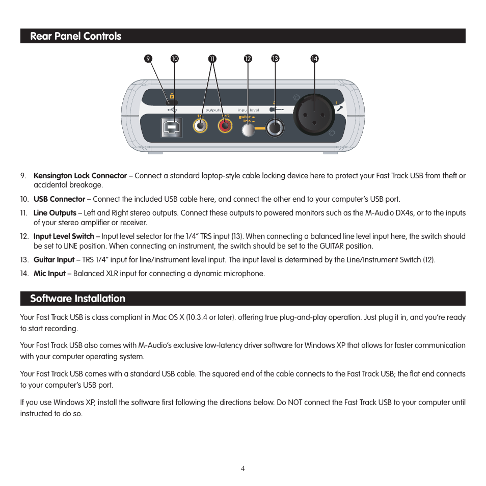 Rear panel controls, Software installation | M-AUDIO Fast Track USB User Manual | Page 5 / 10