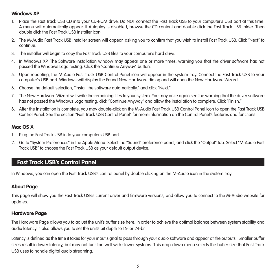 Windows xp, Mac os x, Fast track usb’s control panel | M-AUDIO Fast Track USB User Manual | Page 6 / 10