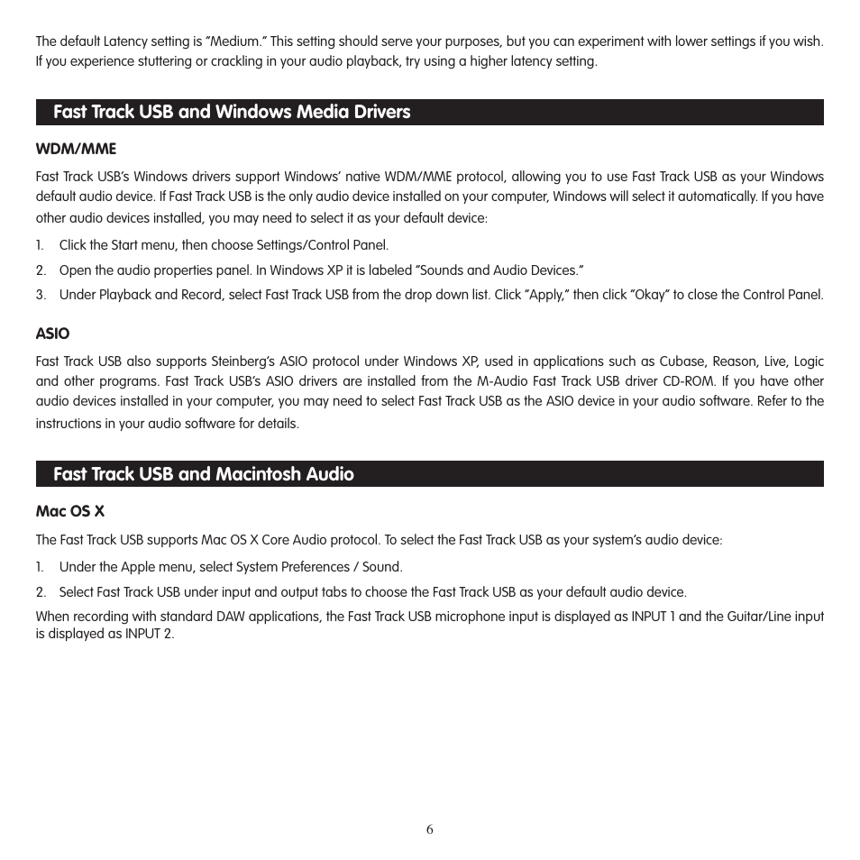 Fast track usb and windows media drivers, Wdm/mme, Asio | Fast track usb and macintosh audio, Mac os x | M-AUDIO Fast Track USB User Manual | Page 7 / 10