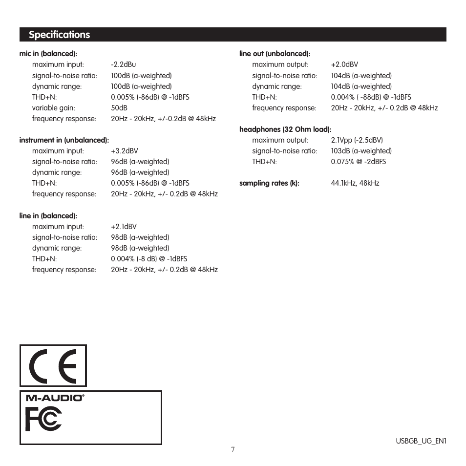 Specifications, Speciﬁcations | M-AUDIO Fast Track USB User Manual | Page 8 / 10