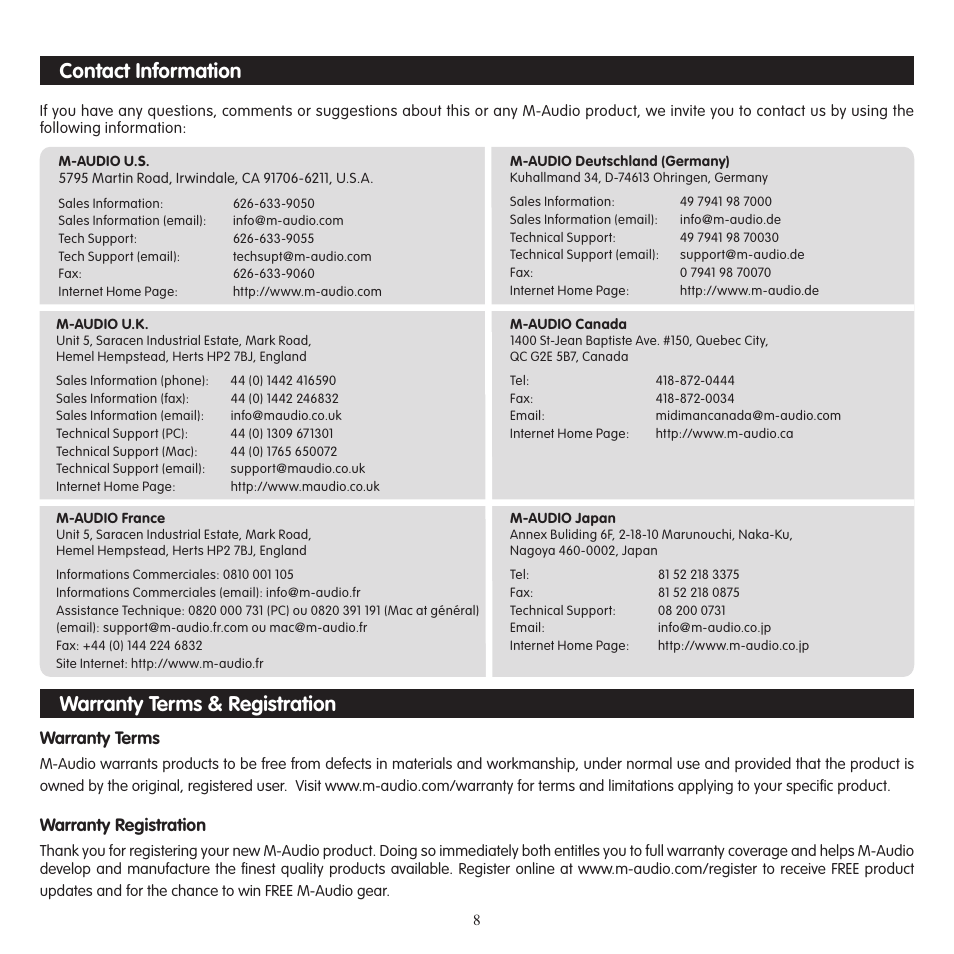 Contact information, Warranty terms & registration, Warranty terms | Warranty registration | M-AUDIO Fast Track USB User Manual | Page 9 / 10