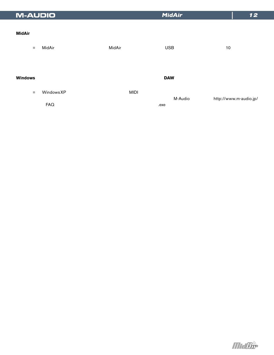 Midair | M-AUDIO Wireless USB MIDI System MidAir User Manual | Page 12 / 18