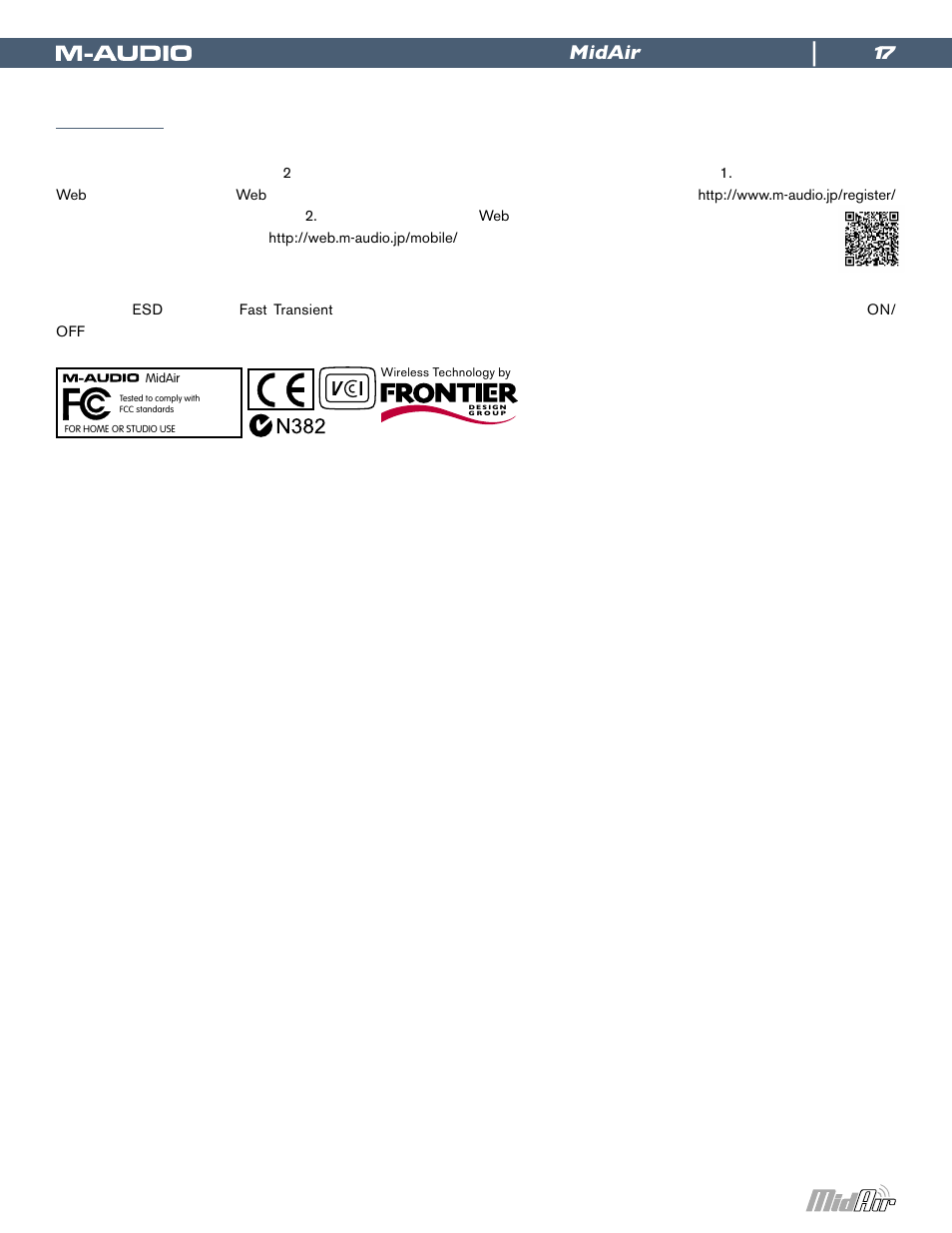 Midair | M-AUDIO Wireless USB MIDI System MidAir User Manual | Page 17 / 18