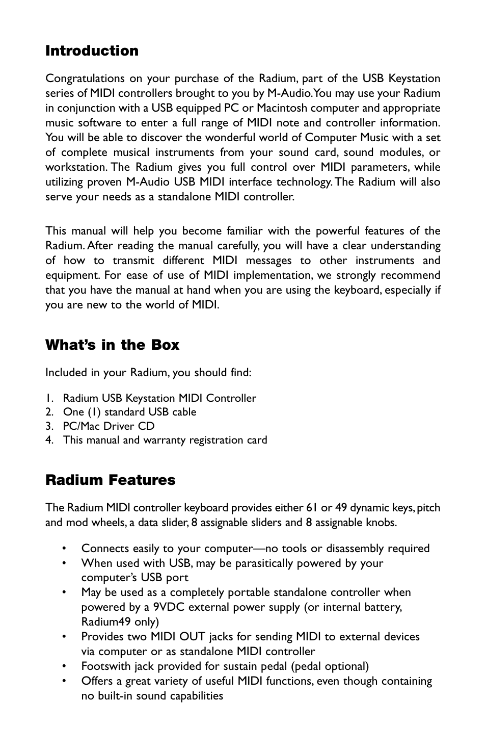 Introduction, What’s in the box, Radium features | M-AUDIO RAD-050503 User Manual | Page 2 / 27