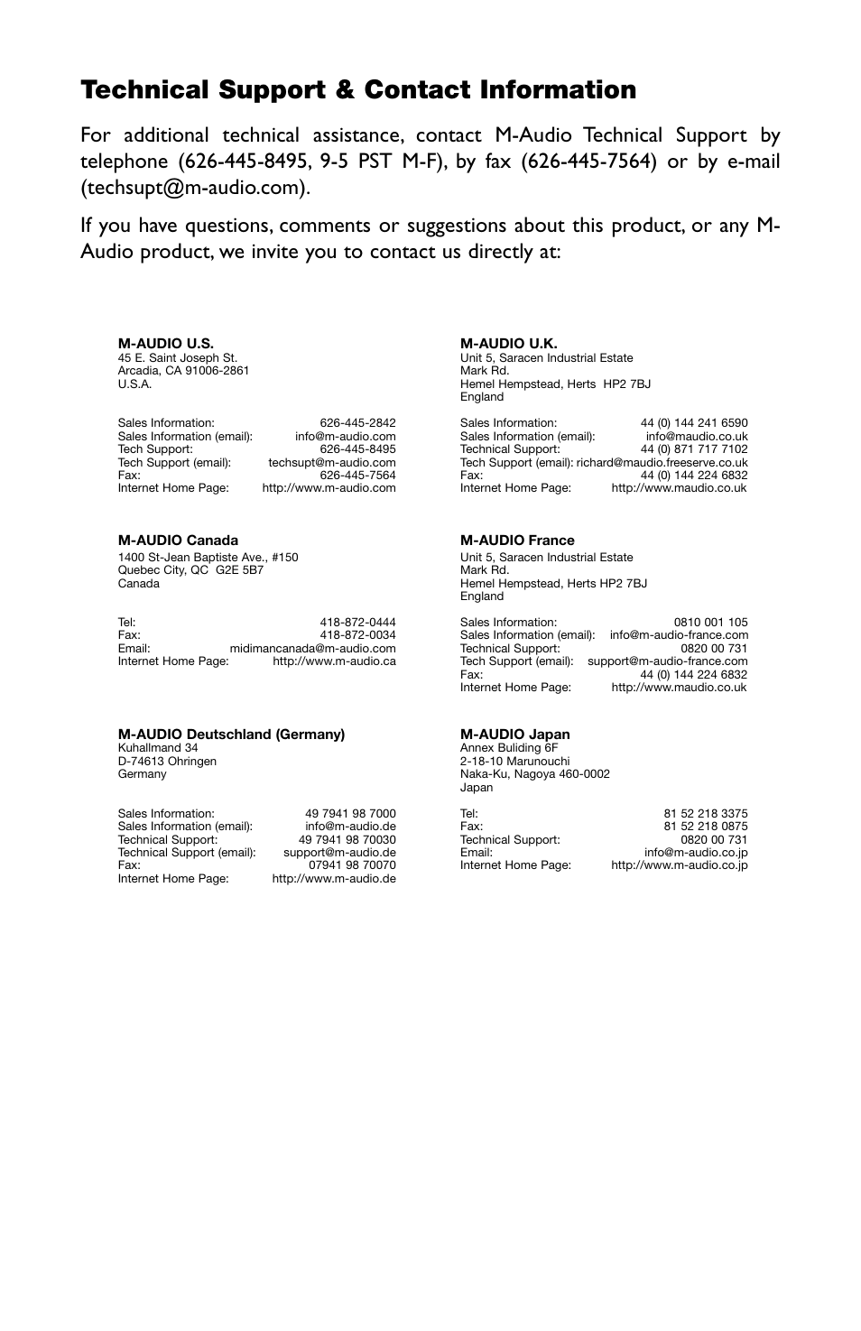 Technical support & contact information | M-AUDIO RAD-050503 User Manual | Page 23 / 27