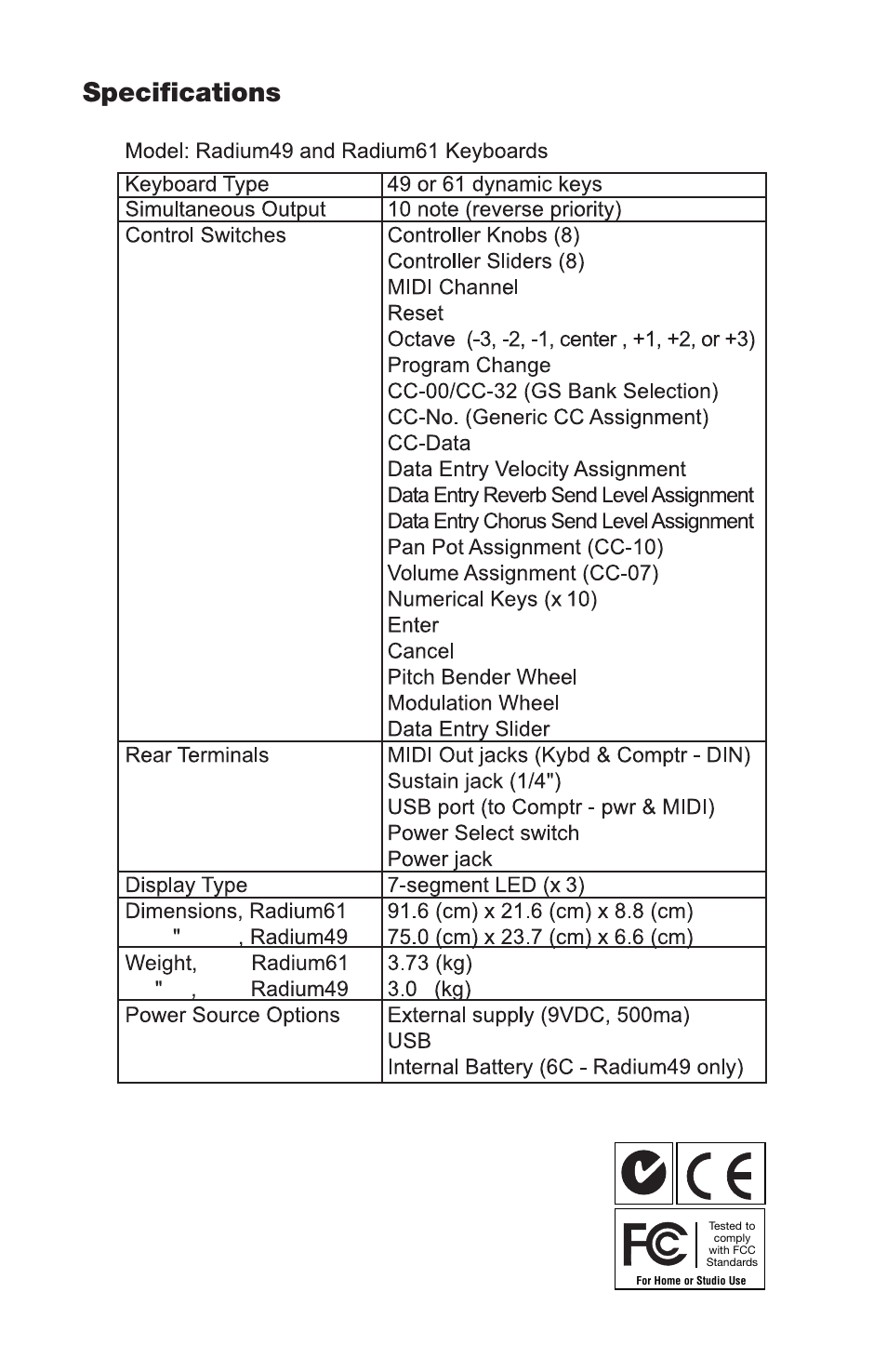 Specifications | M-AUDIO RAD-050503 User Manual | Page 25 / 27