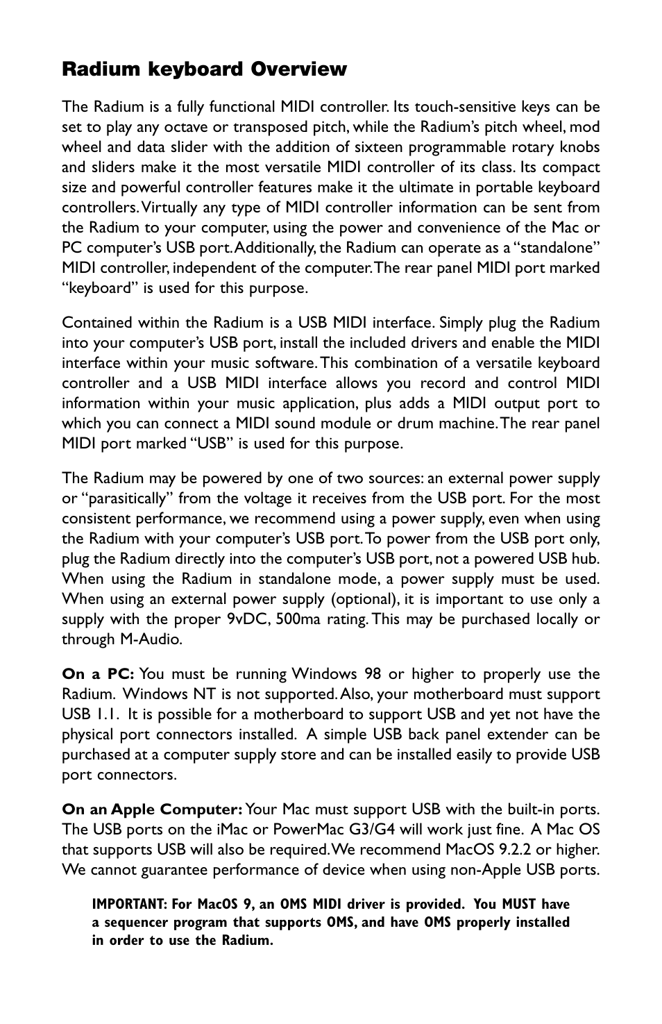 Radium keyboard overview | M-AUDIO RAD-050503 User Manual | Page 3 / 27