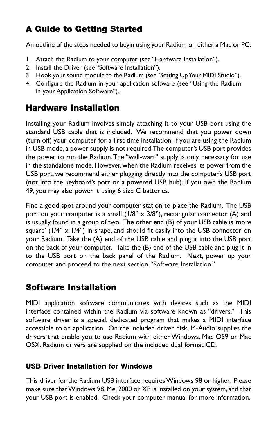 A guide to getting started, Hardware installation, Software installation | M-AUDIO RAD-050503 User Manual | Page 4 / 27