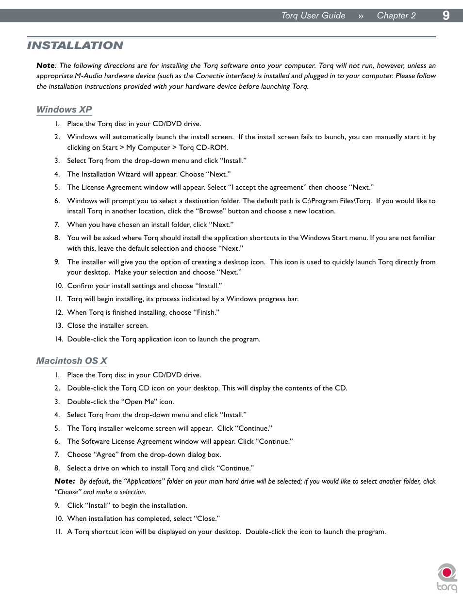 Installation, Windows xp, Macintosh os x | Windows xp macintosh os x | M-AUDIO Torq User Manual | Page 10 / 86