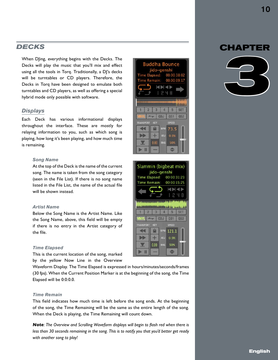 Chapter 3, Decks, Displays | Song name, Artist name, Time elapsed, Time remain, Song name artist name time elapsed time remain | M-AUDIO Torq User Manual | Page 11 / 86