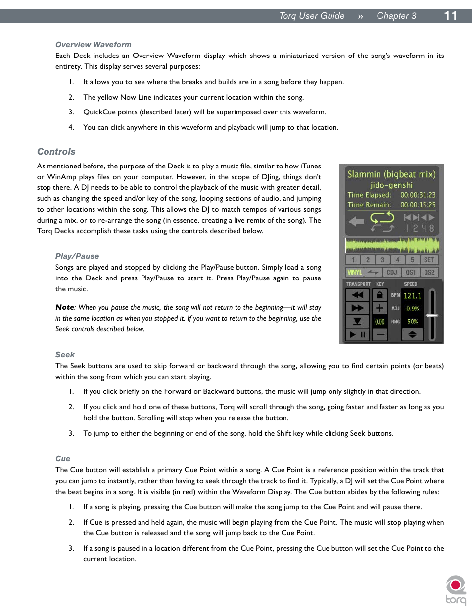 Overview waveform, Controls, Play/pause | Seek, Play/pause seek cue | M-AUDIO Torq User Manual | Page 12 / 86