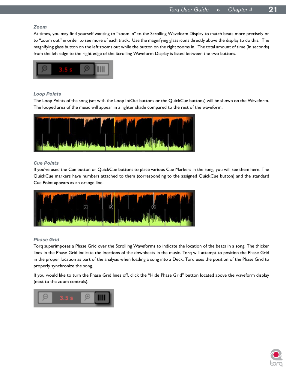 Zoom, Loop points, Cue points | Phase grid, Zoom loop points cue points phase grid | M-AUDIO Torq User Manual | Page 22 / 86