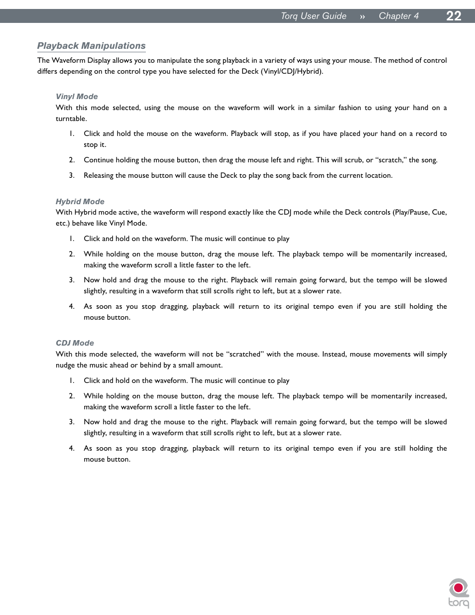 Playback manipulations, Vinyl mode, Hybrid mode | Cdj mode, Vinyl mode hybrid mode cdj mode | M-AUDIO Torq User Manual | Page 23 / 86