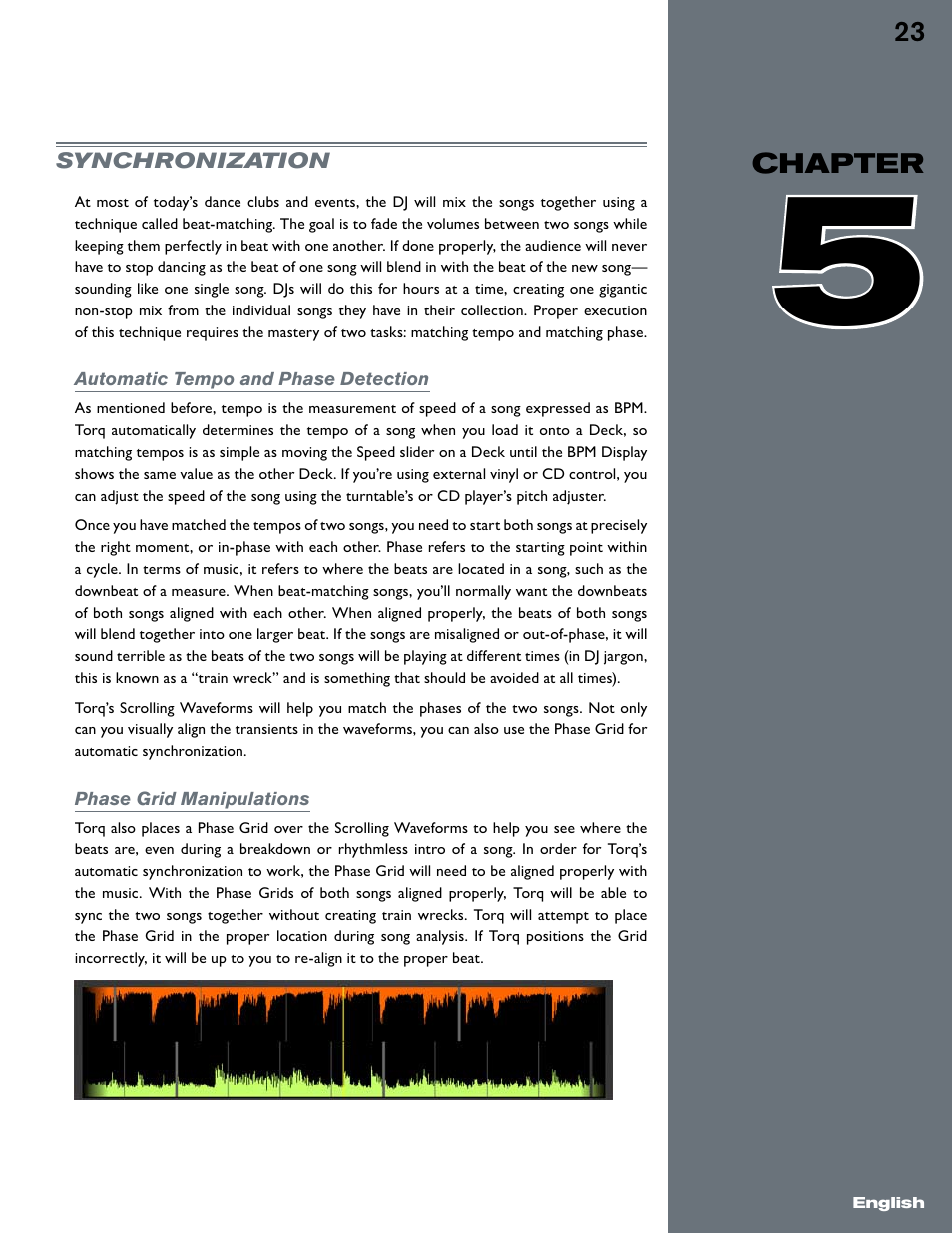 Chapter 5, Synchronization, Automatic tempo and phase detection | Phase grid manipulations | M-AUDIO Torq User Manual | Page 24 / 86
